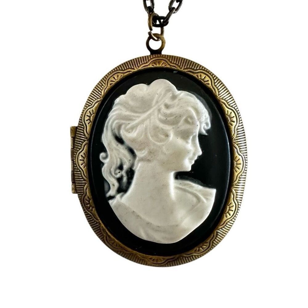 Black and white cameo locket pendant necklace